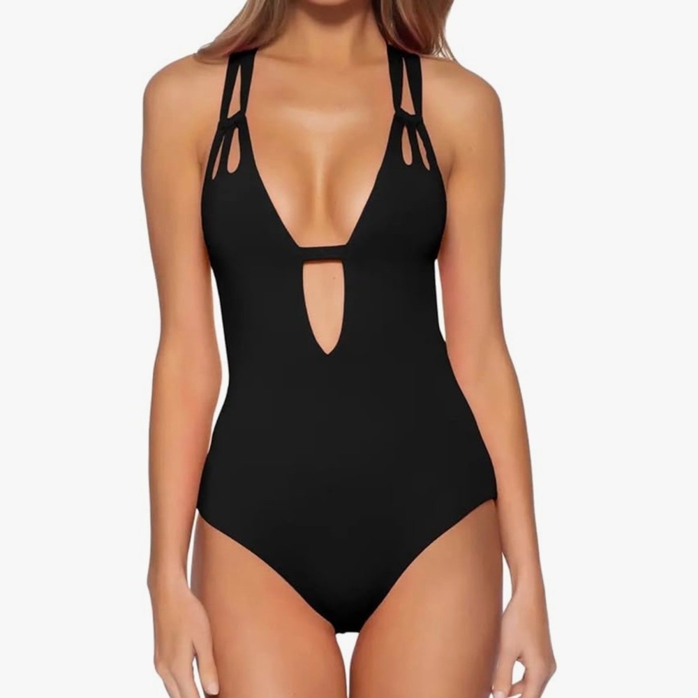 BECCA Plus Size Backless Strap Sexy Black‎ Strappy Plunge One Piece Swimsuit XXL